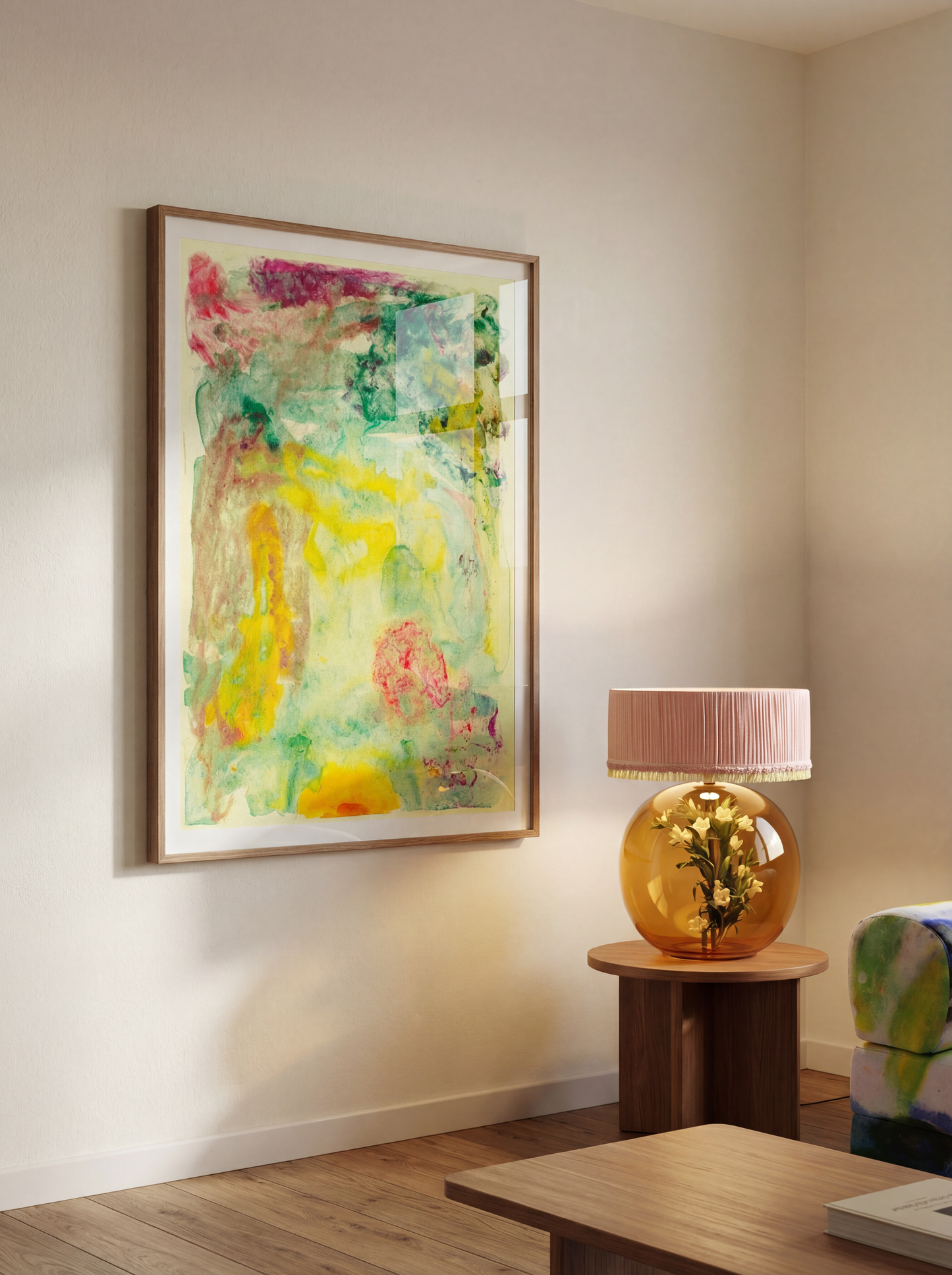 TEZETA by Jakob Steen, framed in oak and hung in a calm, minimal interior.