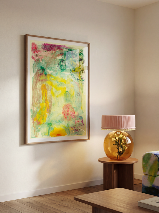 TEZETA by Jakob Steen, framed in oak and hung in a calm, minimal interior.